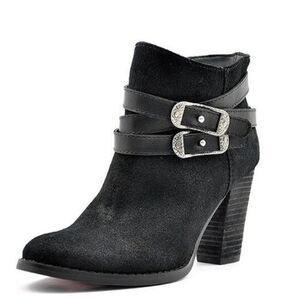 Reba Zania Black Suede Ankle Boots Strappy Buckle Block Heel Booties 10
